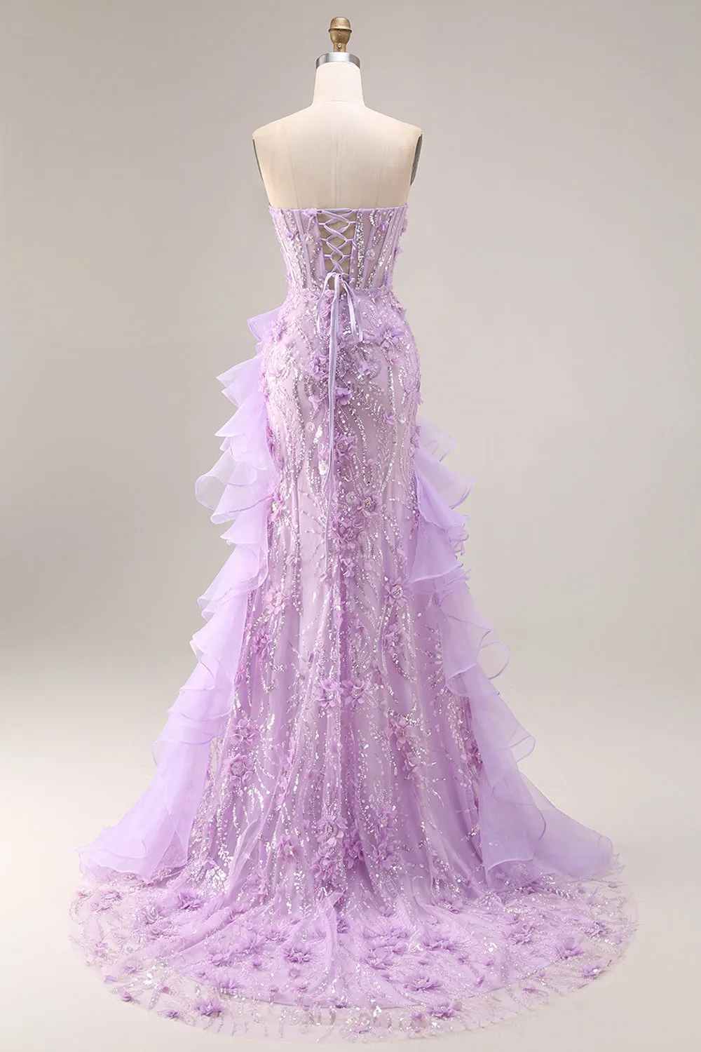 Lilac Strapless Mermaid Sequin Beaded Corset 3D Flower Long Prom Dress with Slit sold by Wedtrend product image thumbnail 4