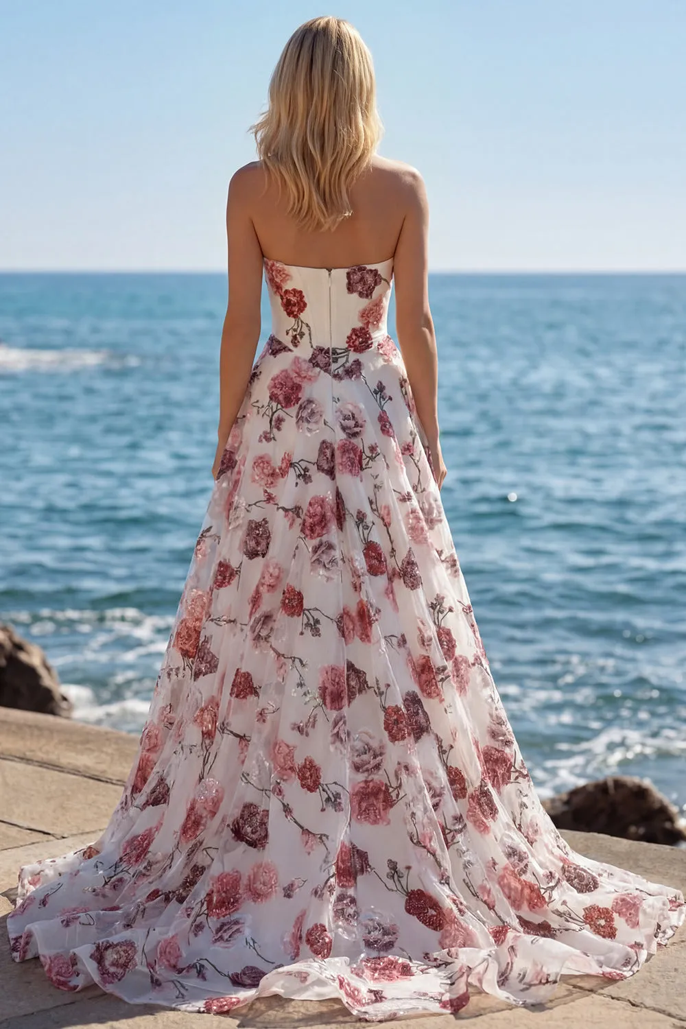 White Red Flower Strapless A Line Corset Long Prom Dress with Slit sold by Wedtrend product image thumbnail 5