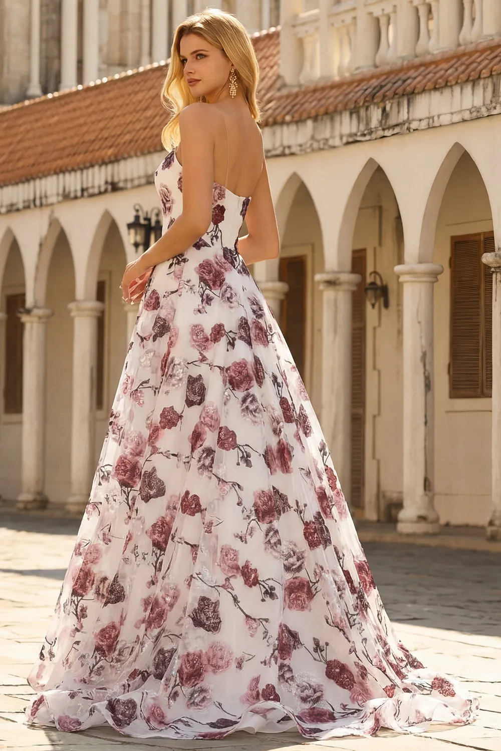 White Red Flower Strapless A Line Corset Long Prom Dress with Slit sold by Wedtrend product image thumbnail 2