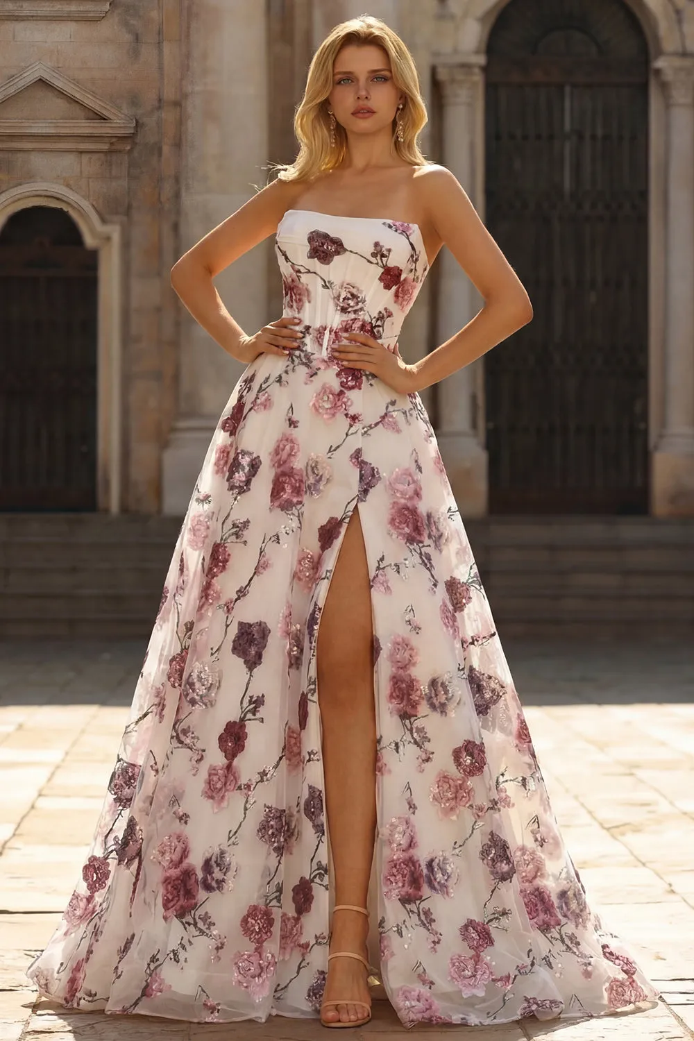 White Red Flower Strapless A Line Corset Long Prom Dress with Slit sold by Wedtrend product image thumbnail 3