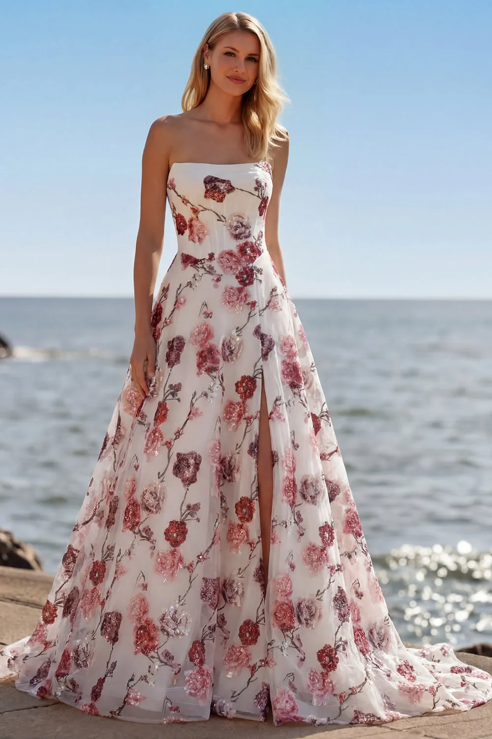 White Red Flower Strapless A Line Corset Long Prom Dress with Slit sold by Wedtrend product image thumbnail 4