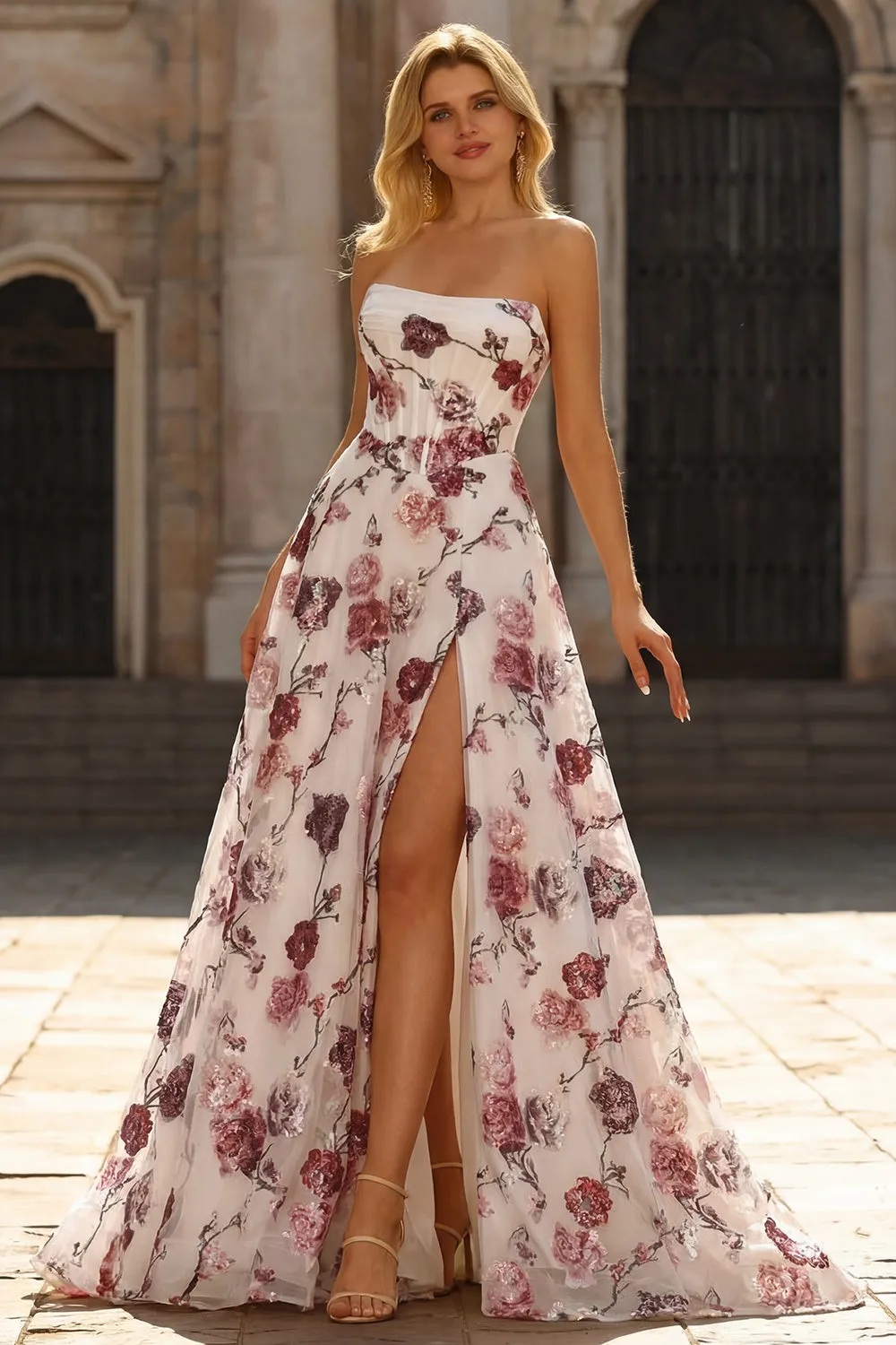 White Red Flower Strapless A Line Corset Long Prom Dress with Slit sold by Wedtrend