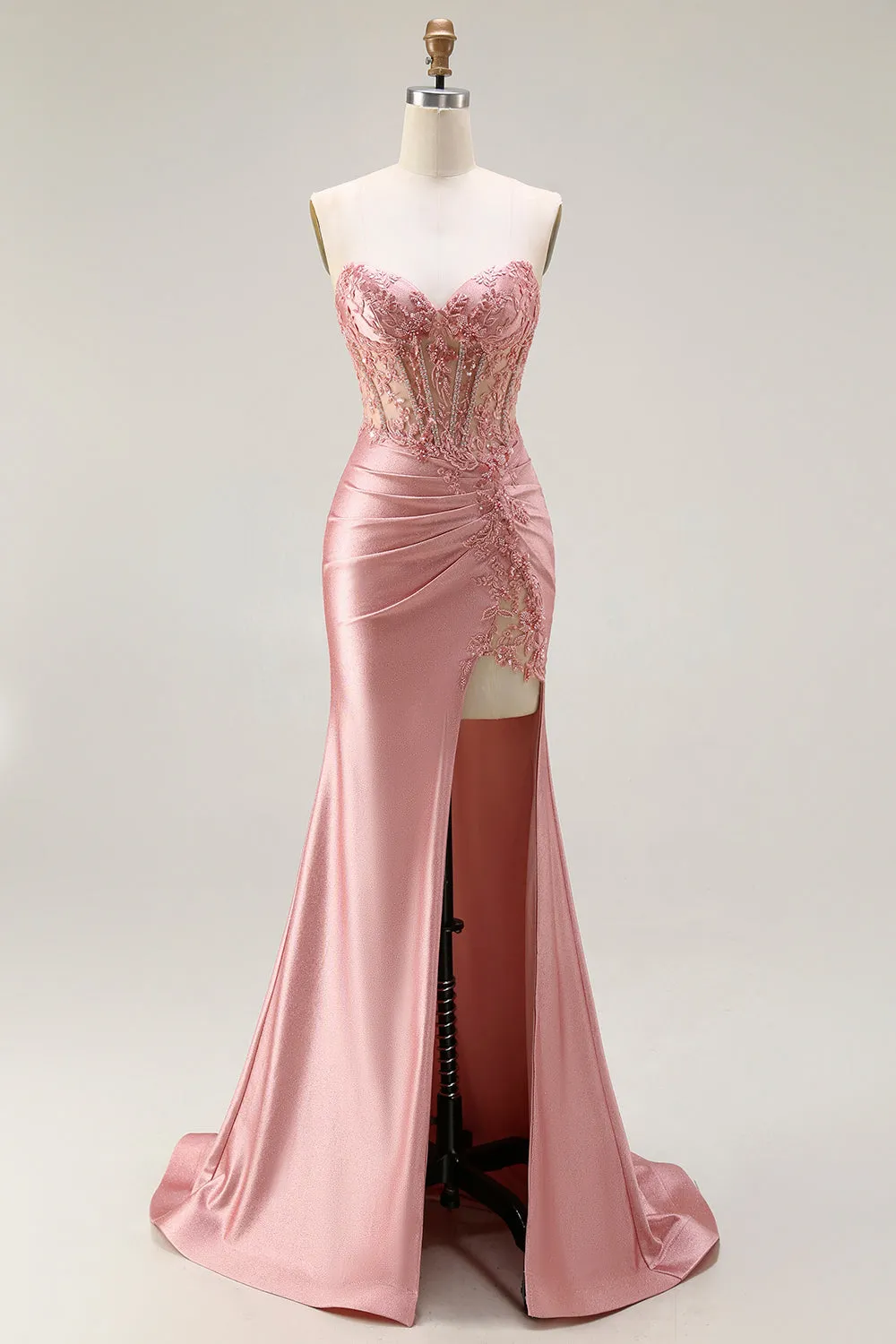 Blush Sweetheart Beaded Mermaid Corset Appliqued Long Prom Dress with Slit sold by Wedtrend product image thumbnail 5
