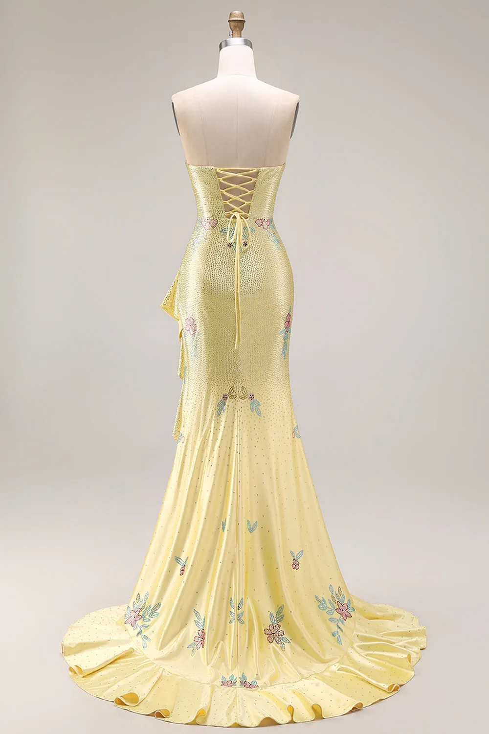 Yellow Beaded Strapless Mermaid Floral Ruffled Long Prom Dress with Slit sold by Wedtrend product image thumbnail 5