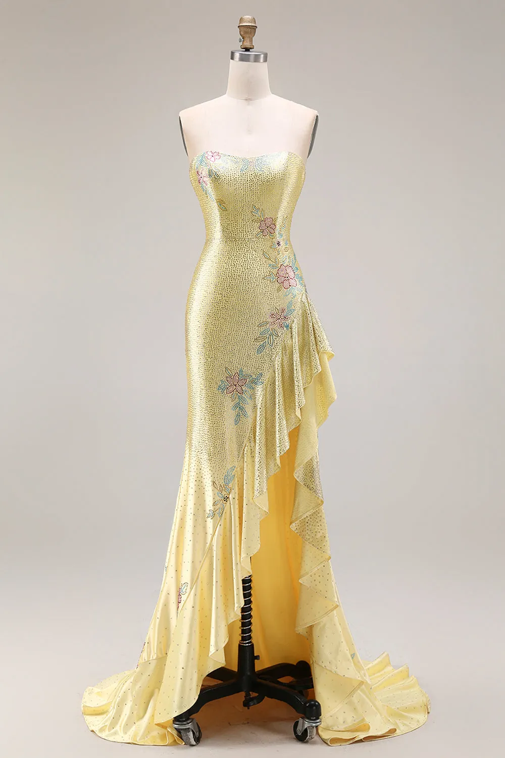 Yellow Beaded Strapless Mermaid Floral Ruffled Long Prom Dress with Slit sold by Wedtrend product image thumbnail 4