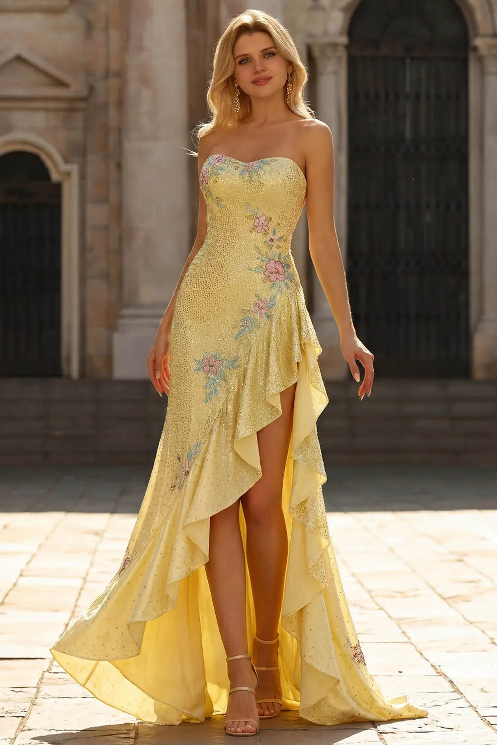 Yellow Beaded Strapless Mermaid Floral Ruffled Long Prom Dress with Slit sold by Wedtrend