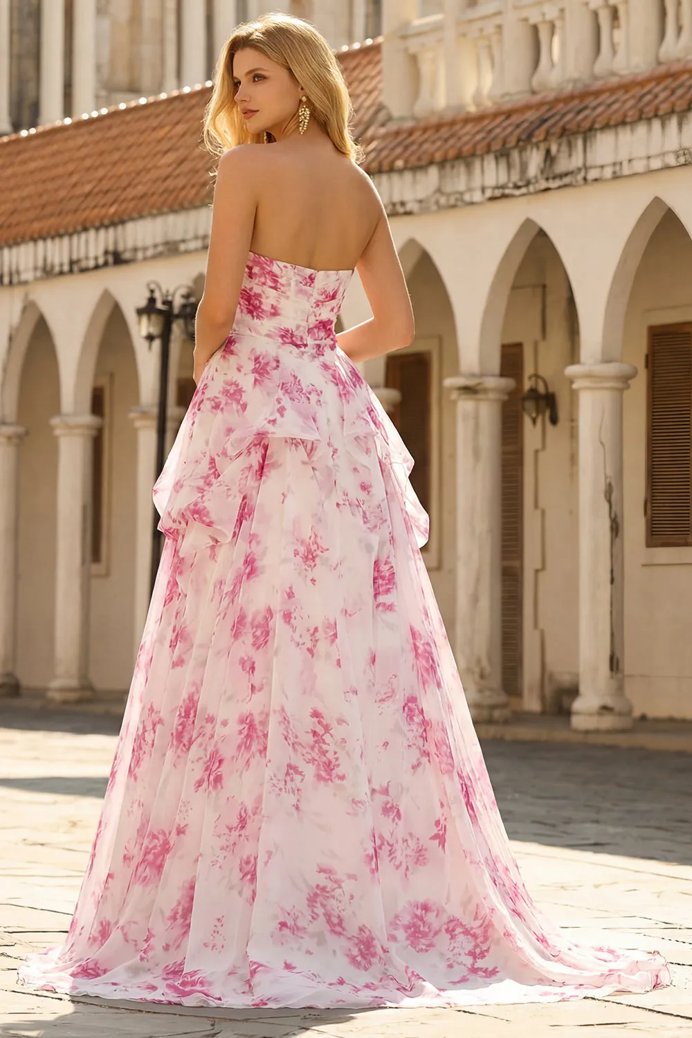 Strapless White Fuchsia Flower Sweetheart A Line Long Prom Dress sold by Wedtrend product image thumbnail 2