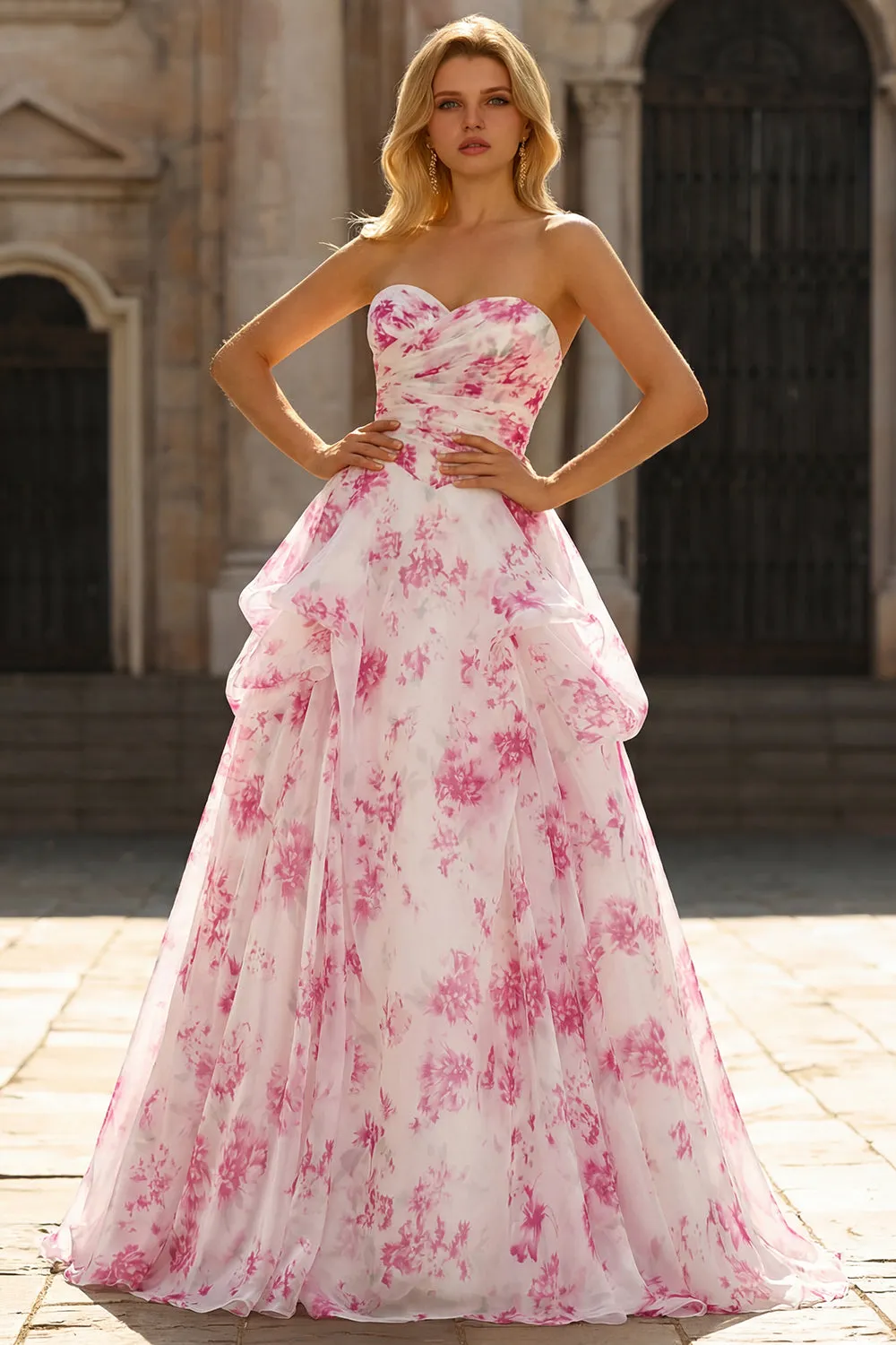 Strapless White Fuchsia Flower Sweetheart A Line Long Prom Dress sold by Wedtrend product image thumbnail 3