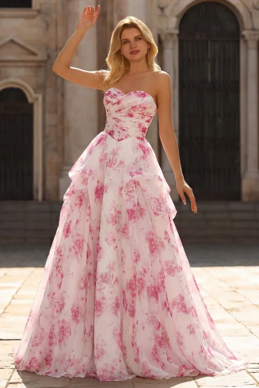 Strapless White Fuchsia Flower Sweetheart A Line Long Prom Dress sold by Wedtrend