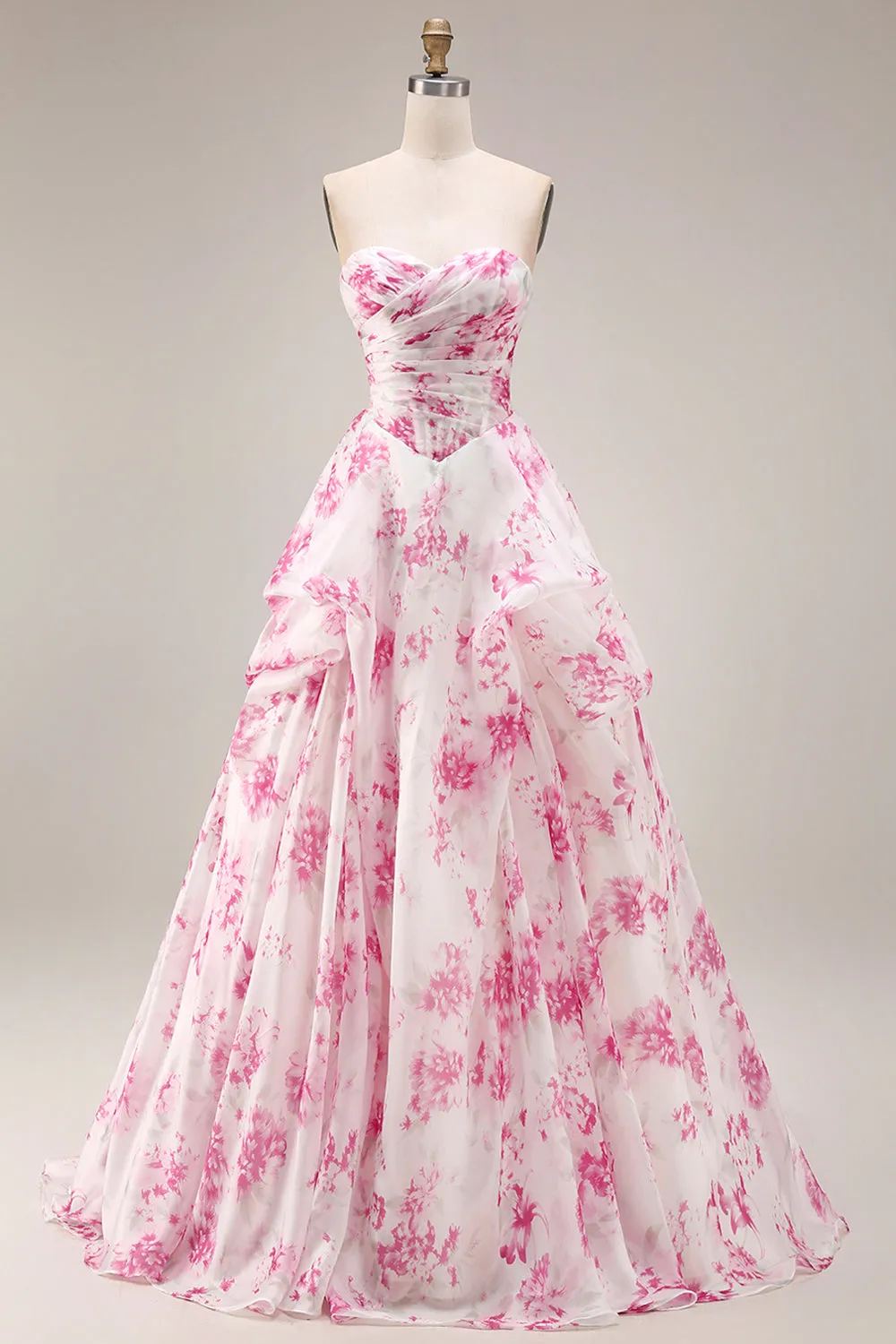 Strapless White Fuchsia Flower Sweetheart A Line Long Prom Dress sold by Wedtrend product image thumbnail 4