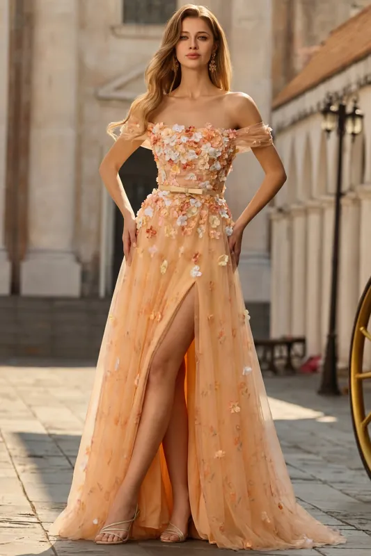 Champagne Off the Shoulder 3D Flower A Line Long Prom Dress with Slit made by Wedtrend