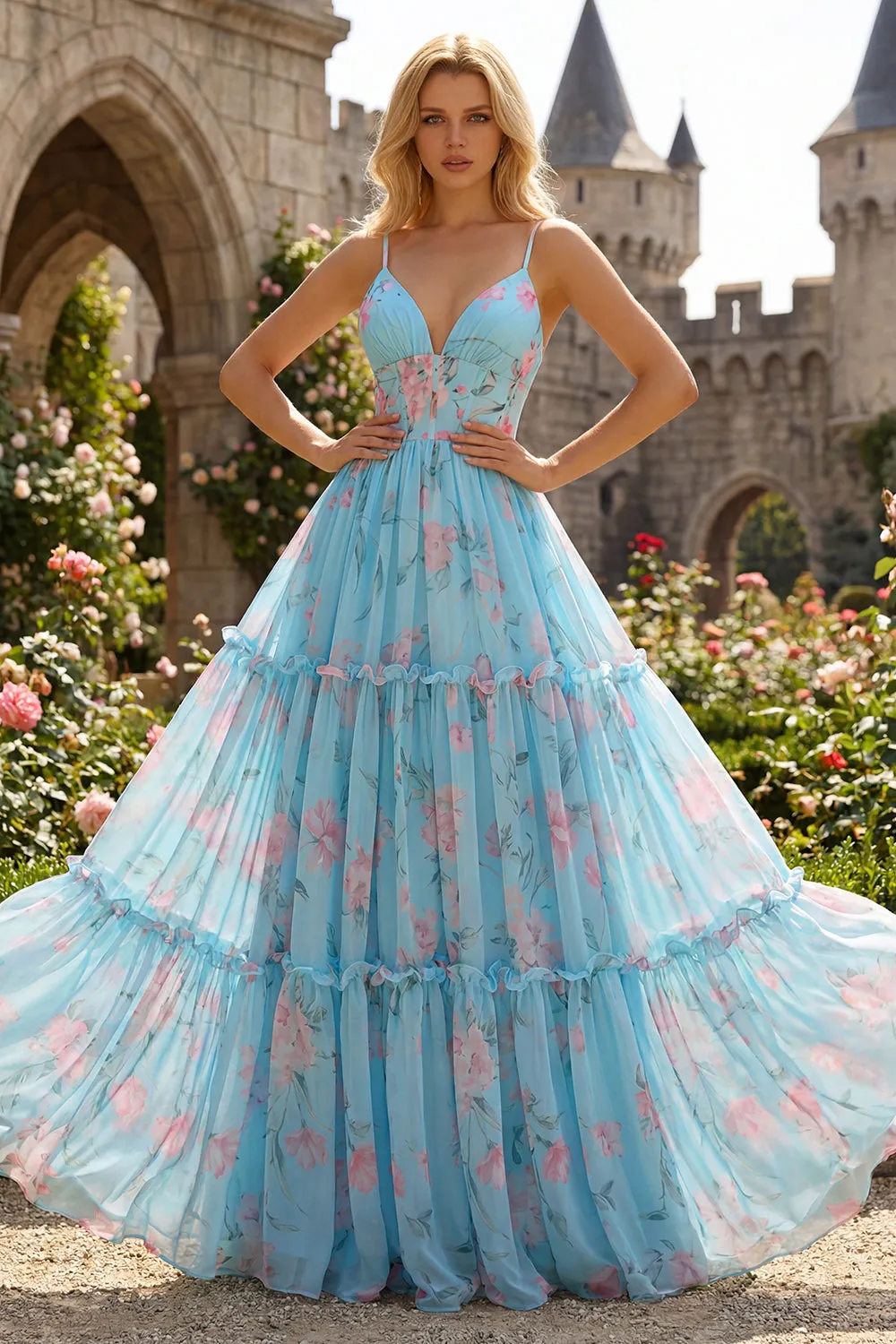 Blue Pink Flower A Line Corset Printed Spaghetti Straps Long Prom Dress sold by Wedtrend