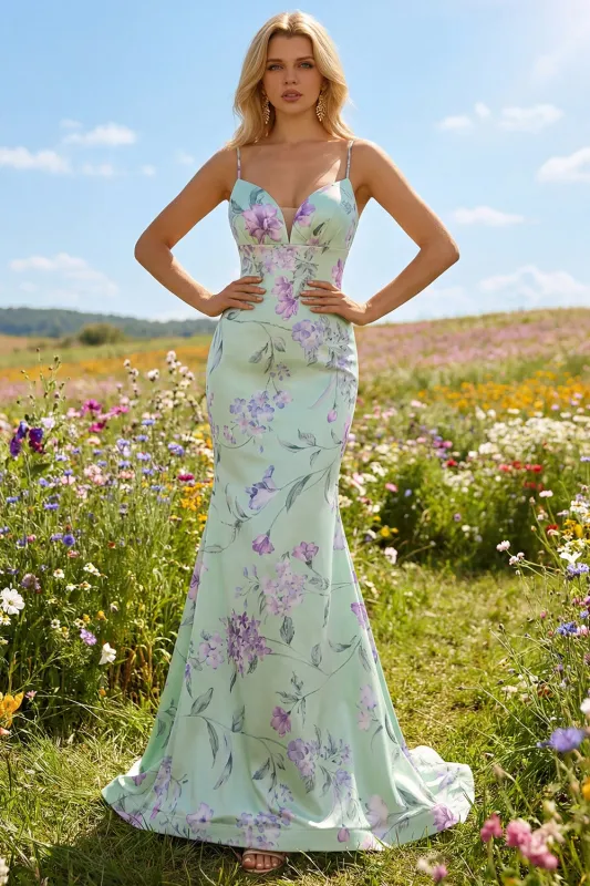 Green Purple Flower Mermaid Spaghetti Straps Long Prom Dress made by Wedtrend