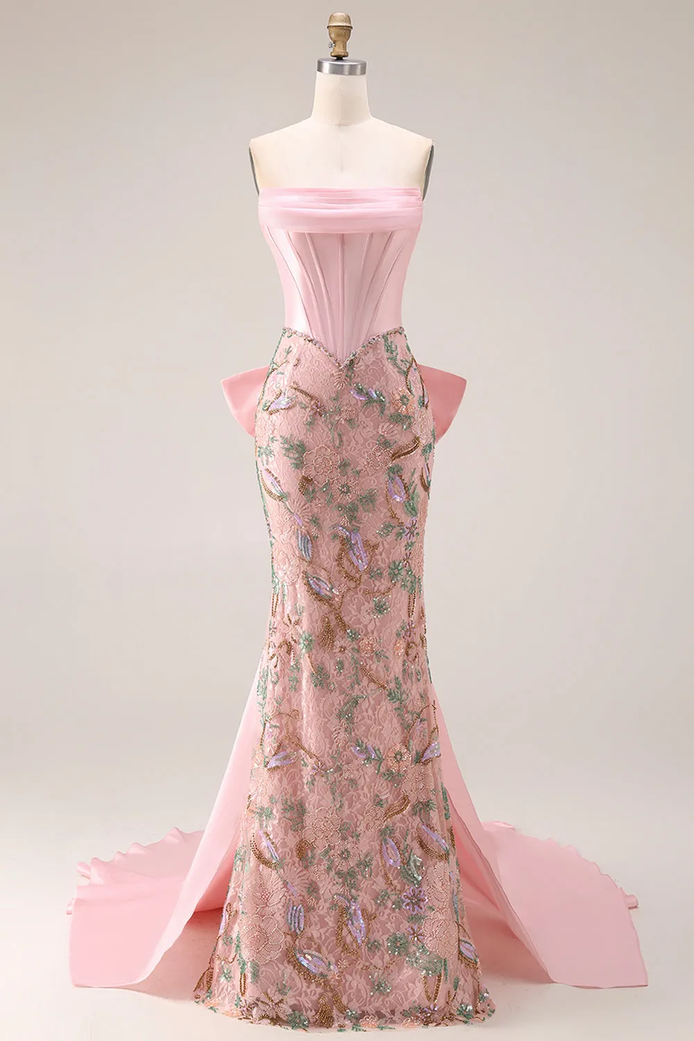 Pink Appliqued Mermaid Strapless Corset Long Prom Dress with Bow sold by Wedtrend product image thumbnail 4