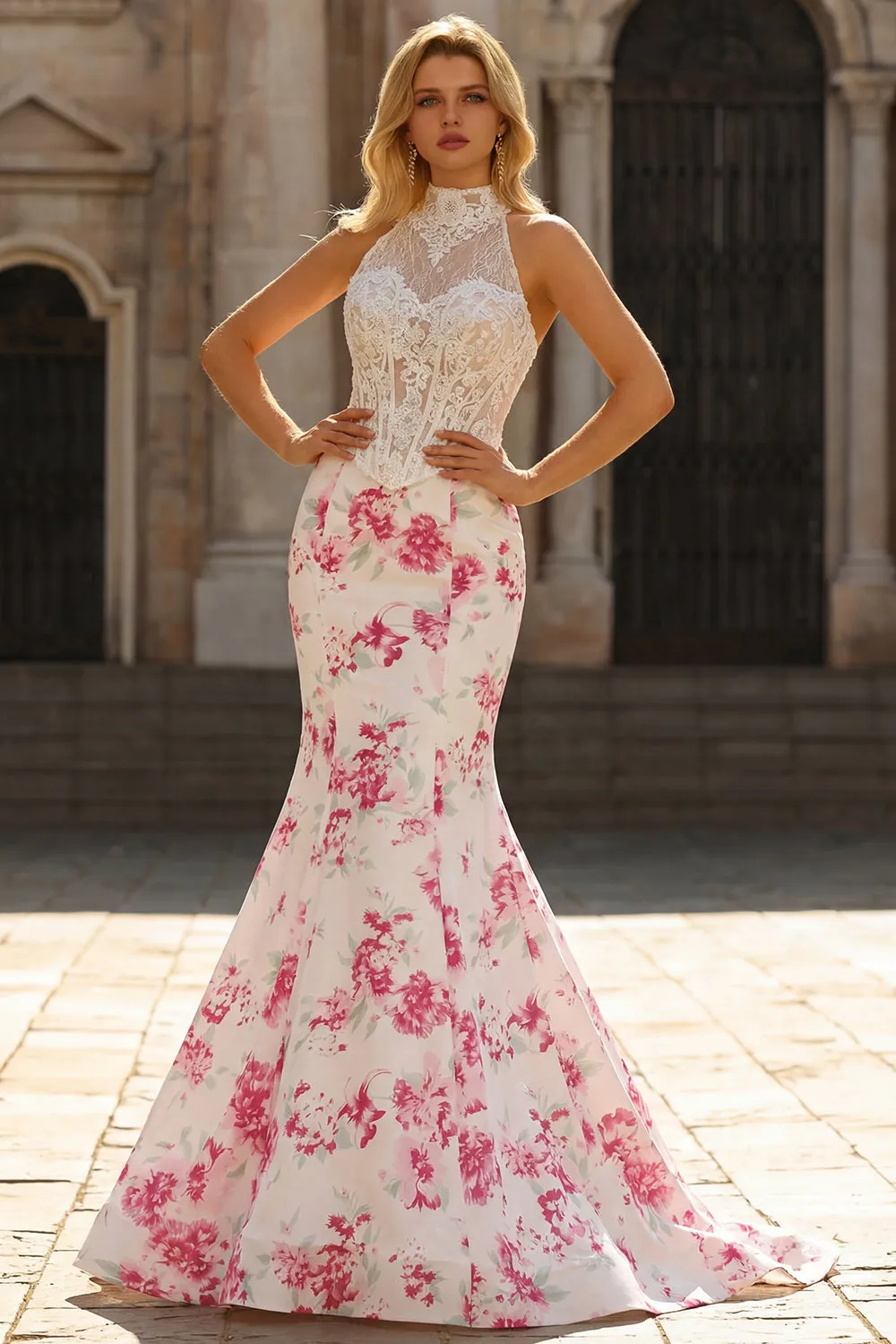 White Fuchsia Flower High Neck Mermaid Lace Corset Long Prom Dress sold by Wedtrend