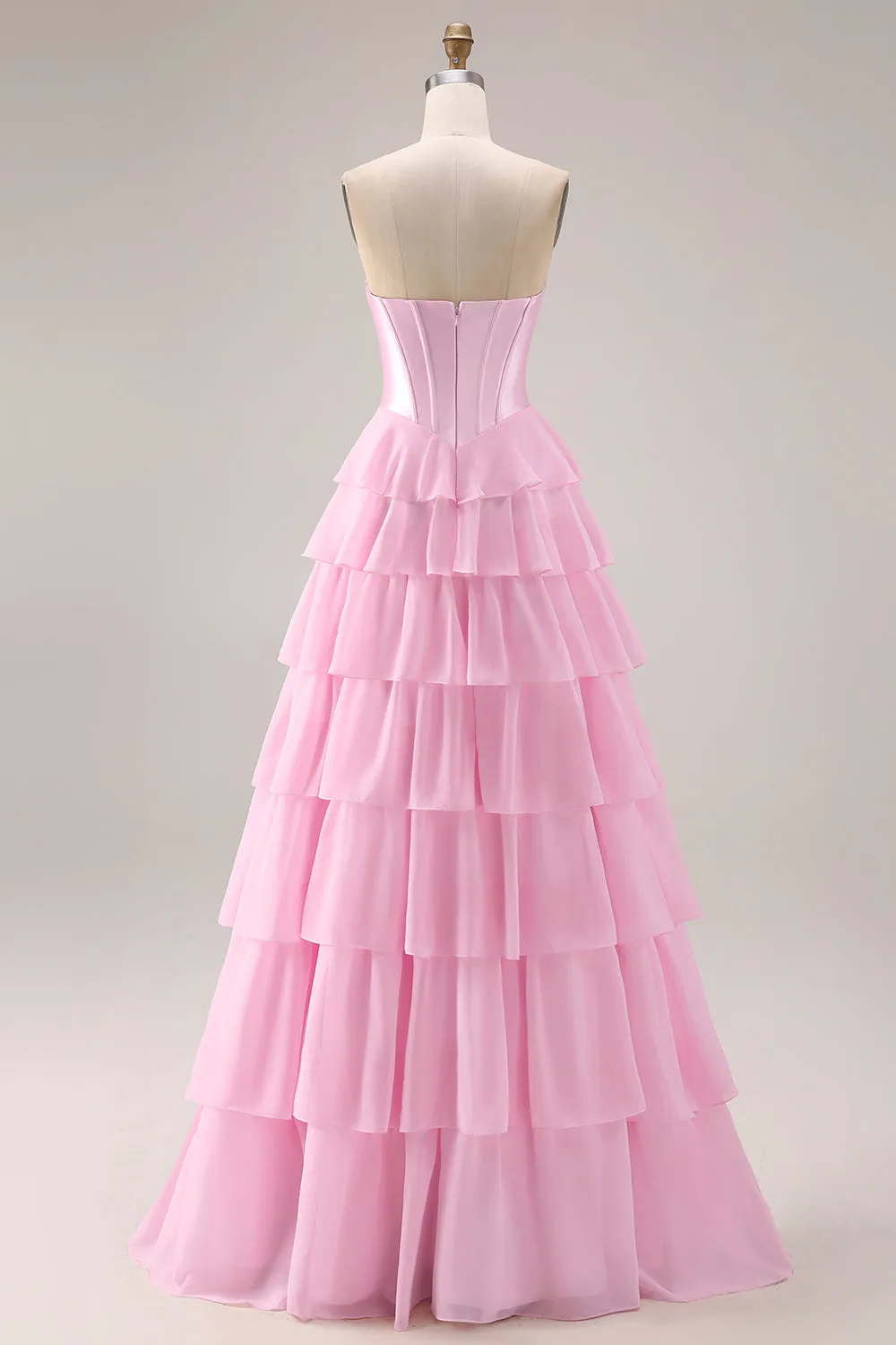 Strapless Pink A Line Tiered Ruffle Sequin Corset Long Prom Dress with Slit sold by Wedtrend product image thumbnail 5