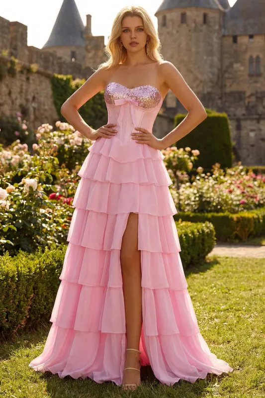 Strapless Pink A Line Tiered Ruffle Sequin Corset Long Prom Dress with Slit made by Wedtrend