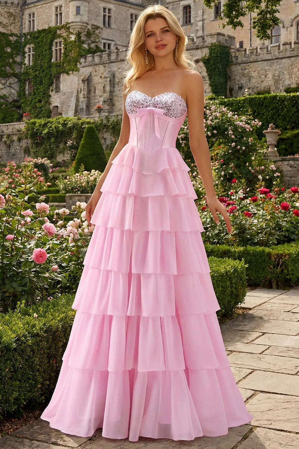 Strapless Pink A Line Tiered Ruffle Sequin Corset Long Prom Dress with Slit sold by Wedtrend product image thumbnail 3