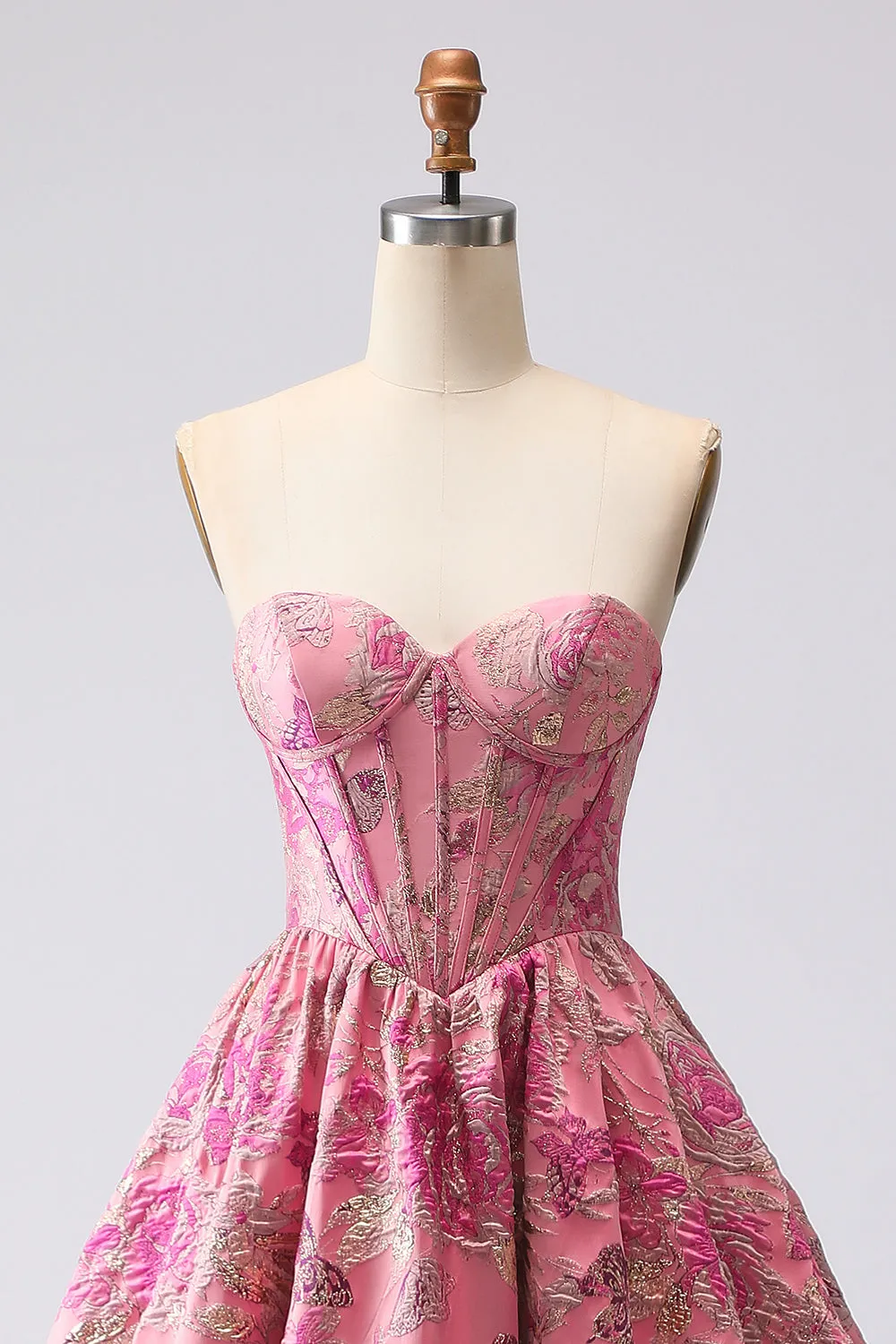 Fuchsia Floral Strapless Jacquard Ball Gown Prom Dress sold by Wedtrend product image thumbnail 4