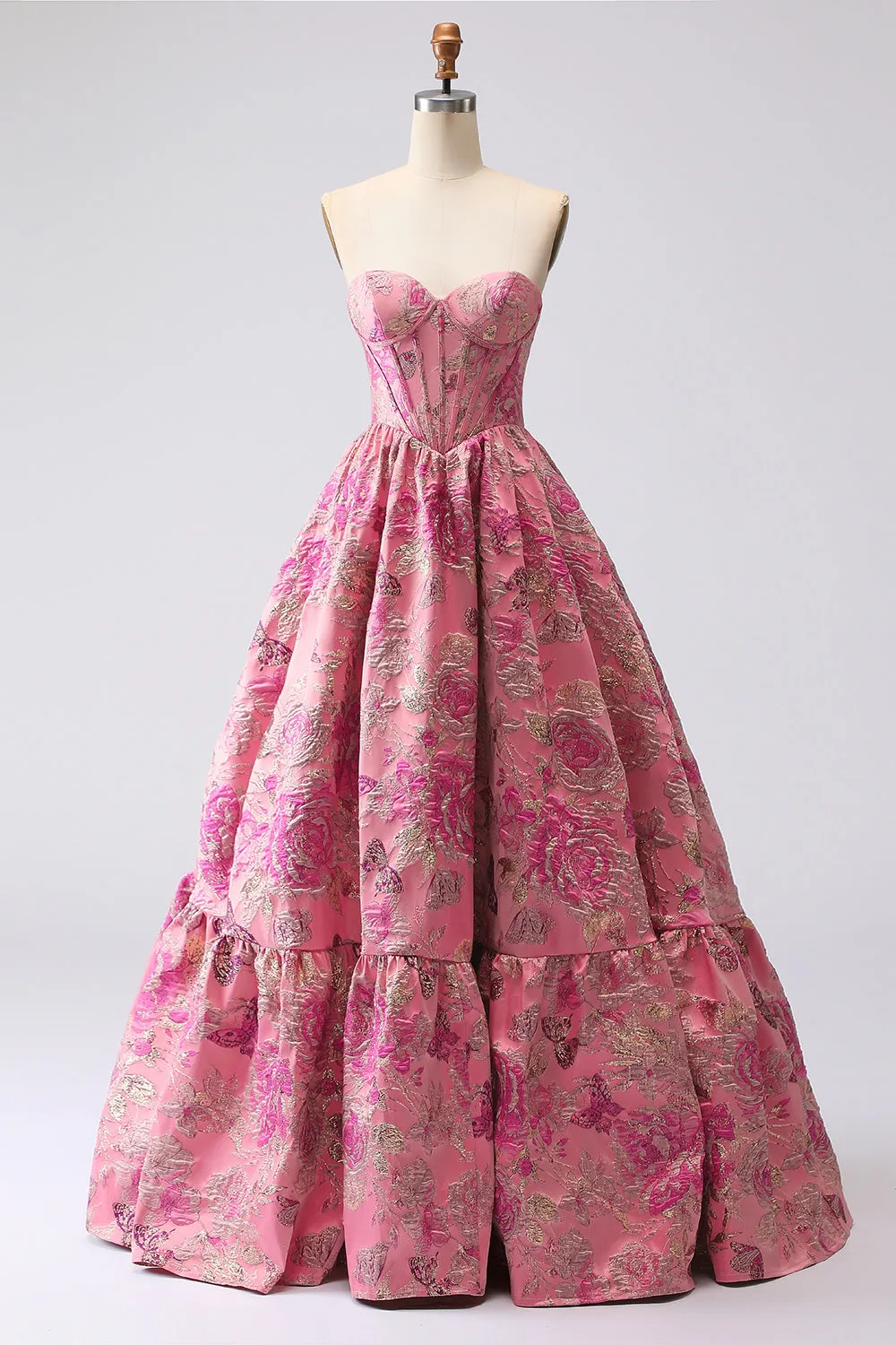 Fuchsia Floral Strapless Jacquard Ball Gown Prom Dress sold by Wedtrend