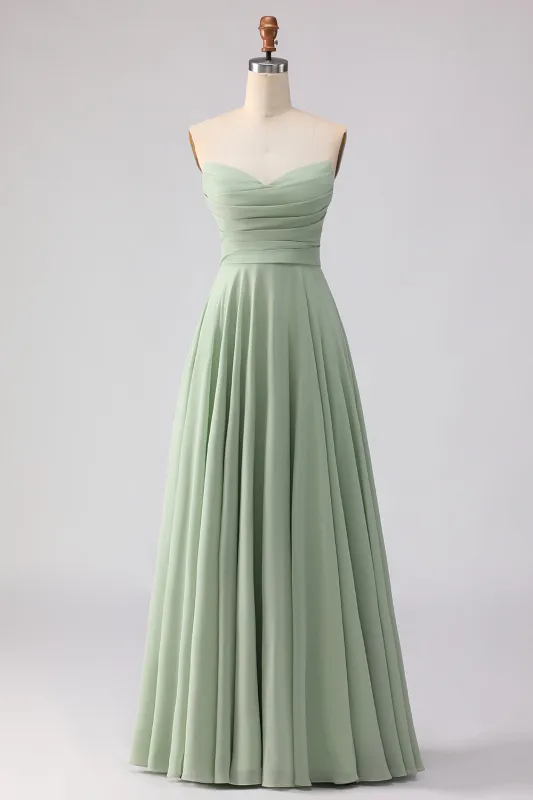 Sage Green Strapless A Line Pleated Long Bridesmaid Dress made by Wedtrend