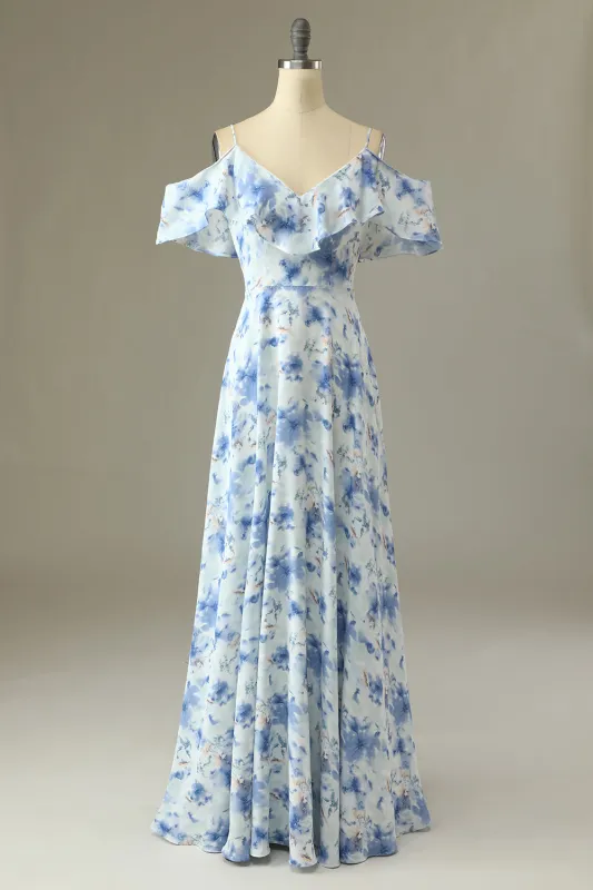 Blue A Line Off the Shoulder Floral Print Long Bridesmaid Dress made by Wedtrend