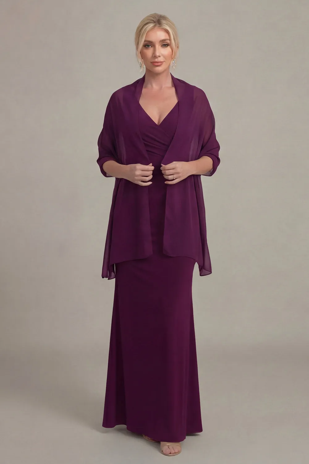Grape Sheath V Neck Long Mother of the Bride Dress with Cape sold by Wedtrend