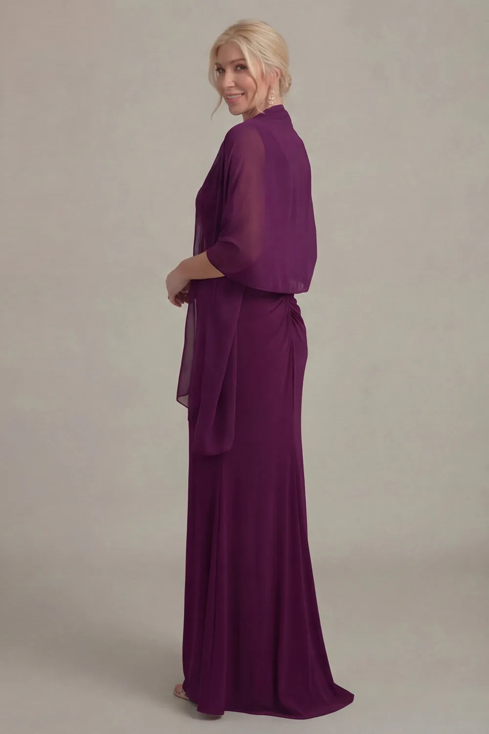 Grape Sheath V Neck Long Mother of the Bride Dress with Cape sold by Wedtrend product image thumbnail 3