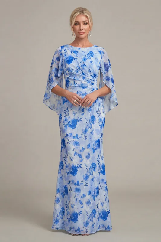 Blue Flower Sheath Printed Cape Sleeve Mother of the Bride Dress made by Wedtrend