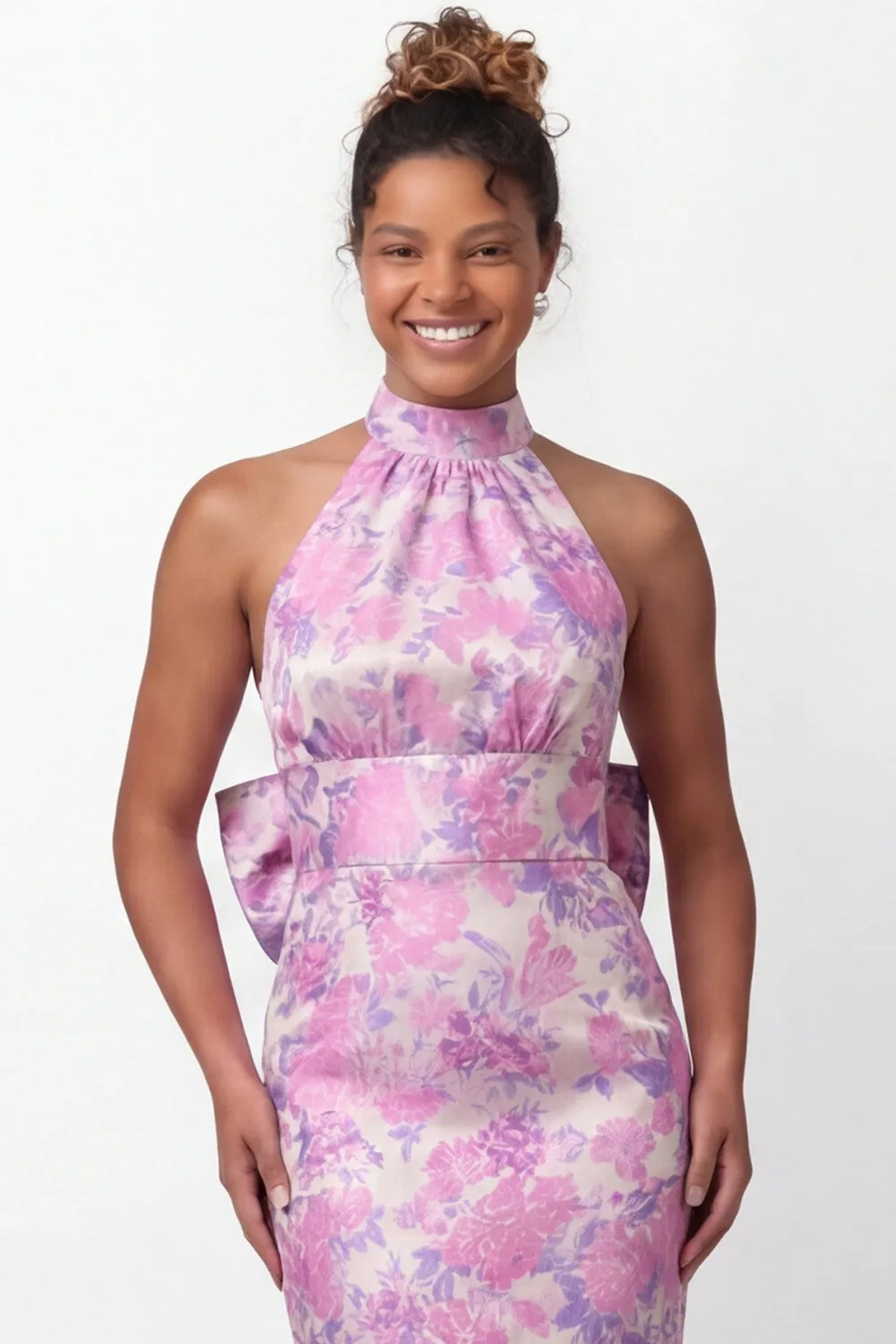 Halter Lilac Flower Mermaid Printed Long Bridesmaid Dress with Bow sold by Wedtrend product image thumbnail 4