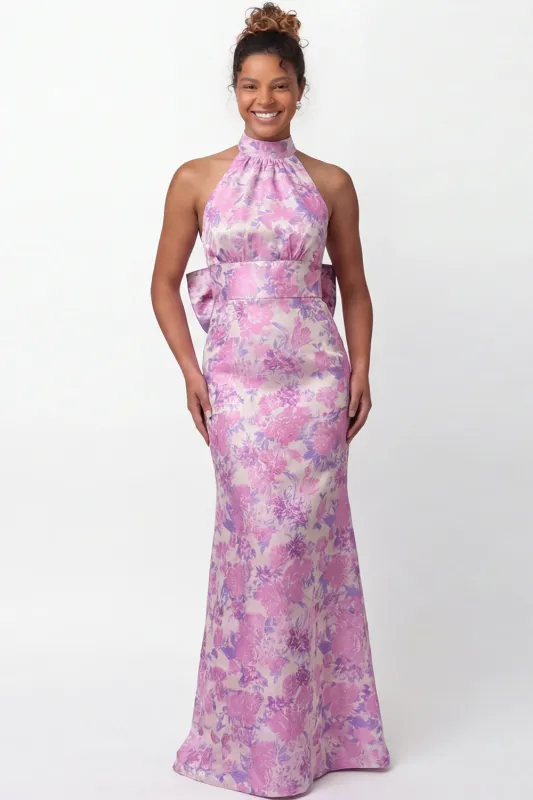 Halter Lilac Flower Mermaid Printed Long Bridesmaid Dress with Bow made by Wedtrend