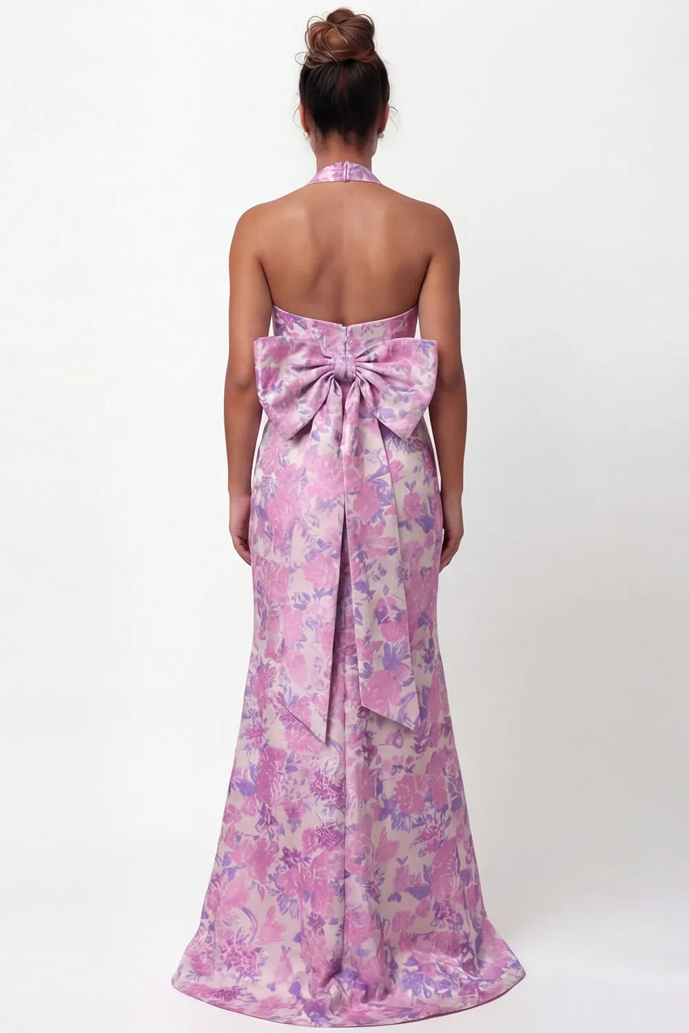 Halter Lilac Flower Mermaid Printed Long Bridesmaid Dress with Bow sold by Wedtrend product image thumbnail 2