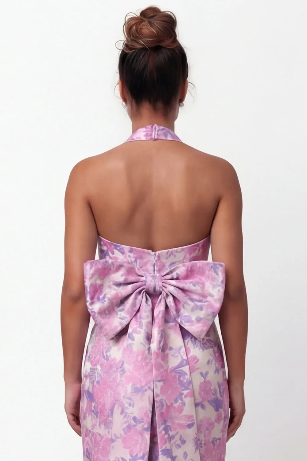 Halter Lilac Flower Mermaid Printed Long Bridesmaid Dress with Bow sold by Wedtrend product image thumbnail 5