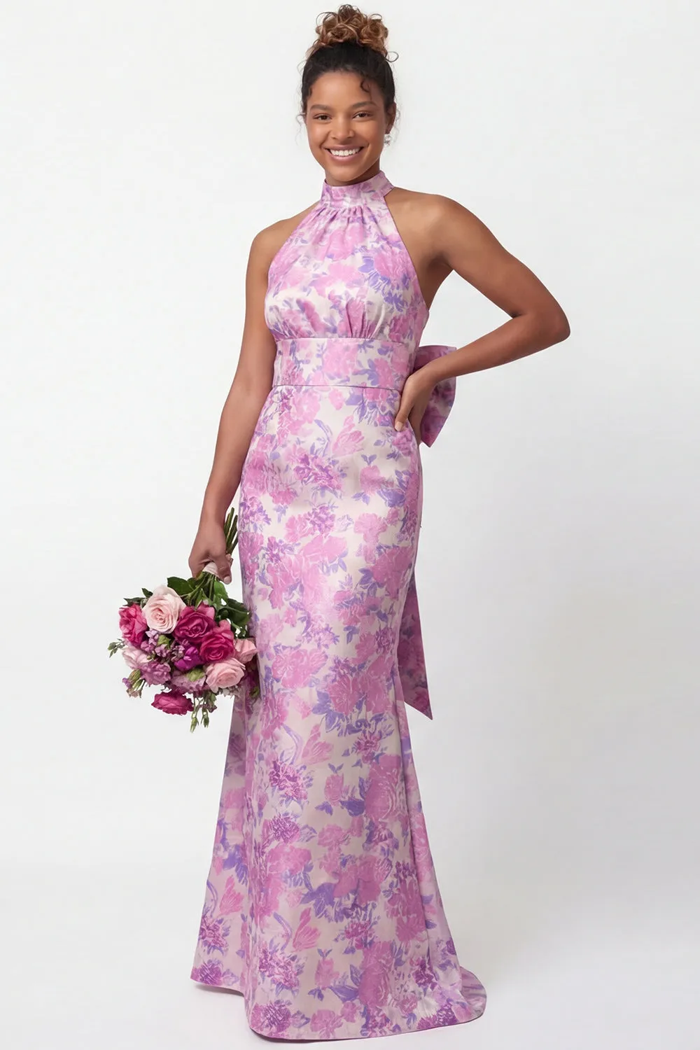 Halter Lilac Flower Mermaid Printed Long Bridesmaid Dress with Bow sold by Wedtrend product image thumbnail 3
