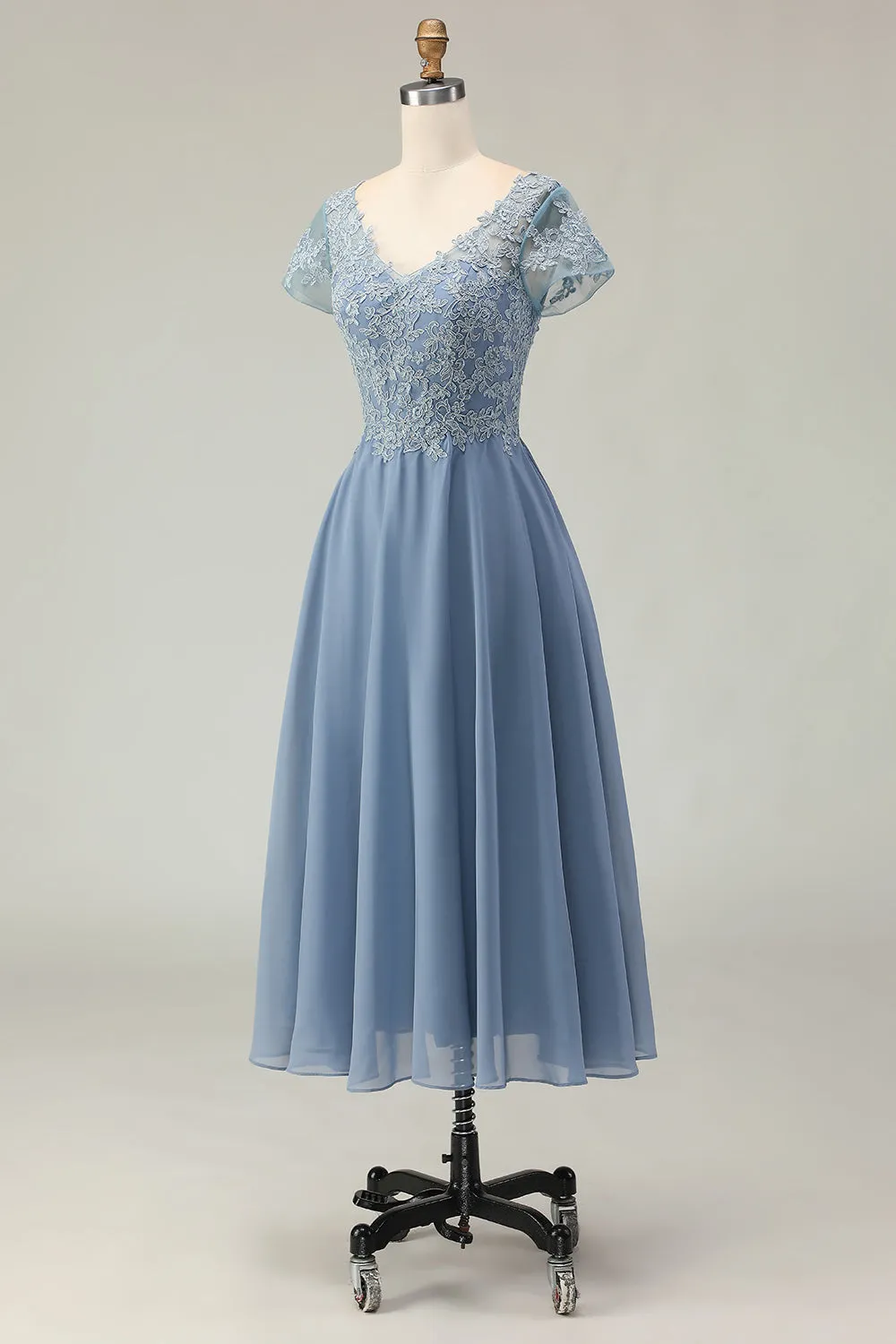 Dusty Blue A Line Appliqued V Neck Midi Mother of the Bride Dress with Capelet sold by Wedtrend product image thumbnail 5