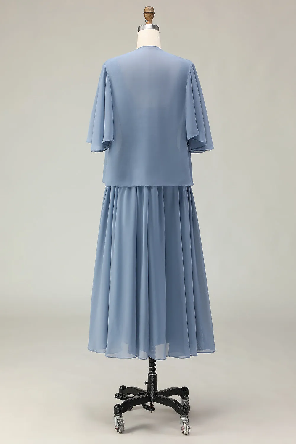 Dusty Blue A Line Appliqued V Neck Midi Mother of the Bride Dress with Capelet sold by Wedtrend product image thumbnail 2