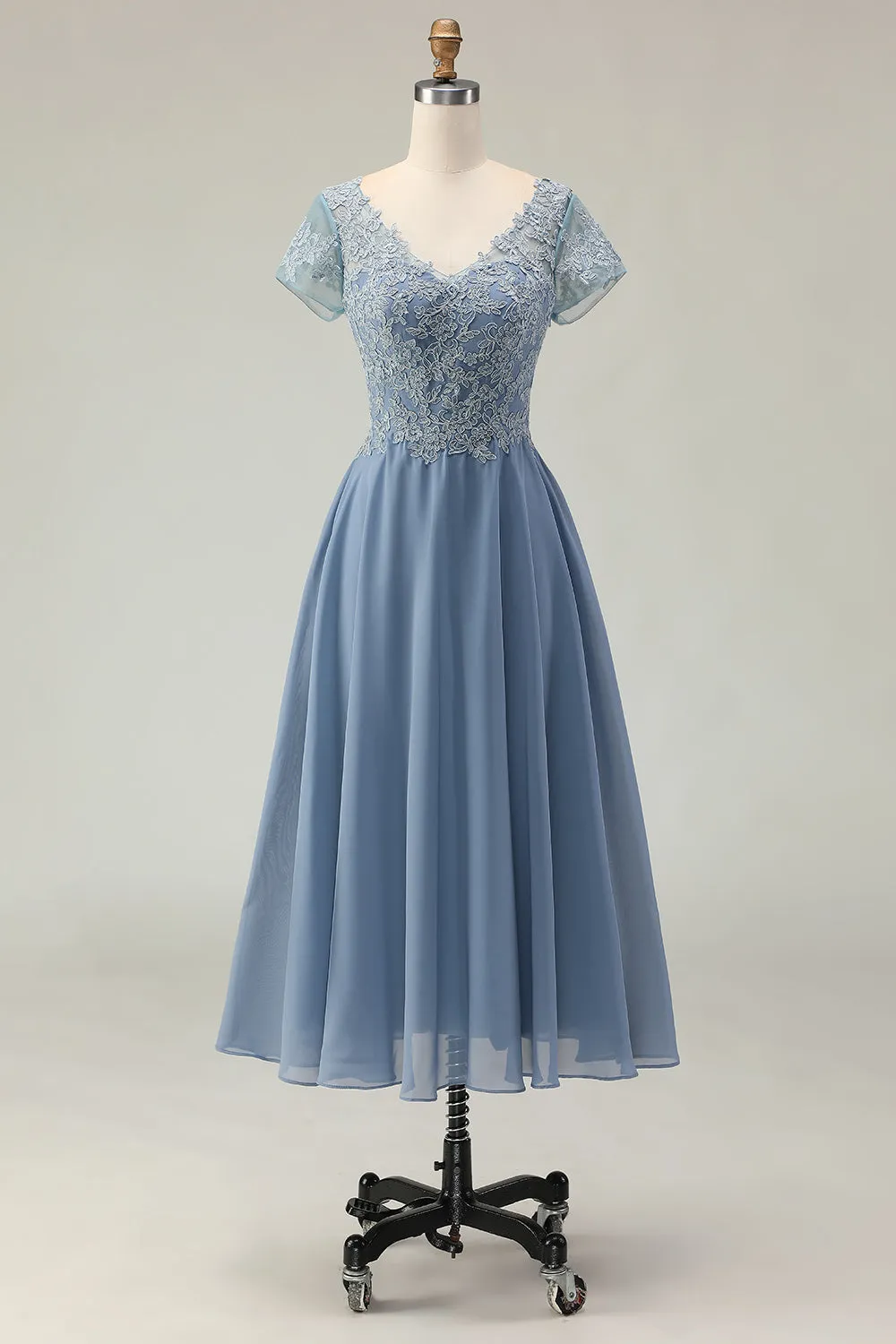 Dusty Blue A Line Appliqued V Neck Midi Mother of the Bride Dress with Capelet sold by Wedtrend product image thumbnail 3