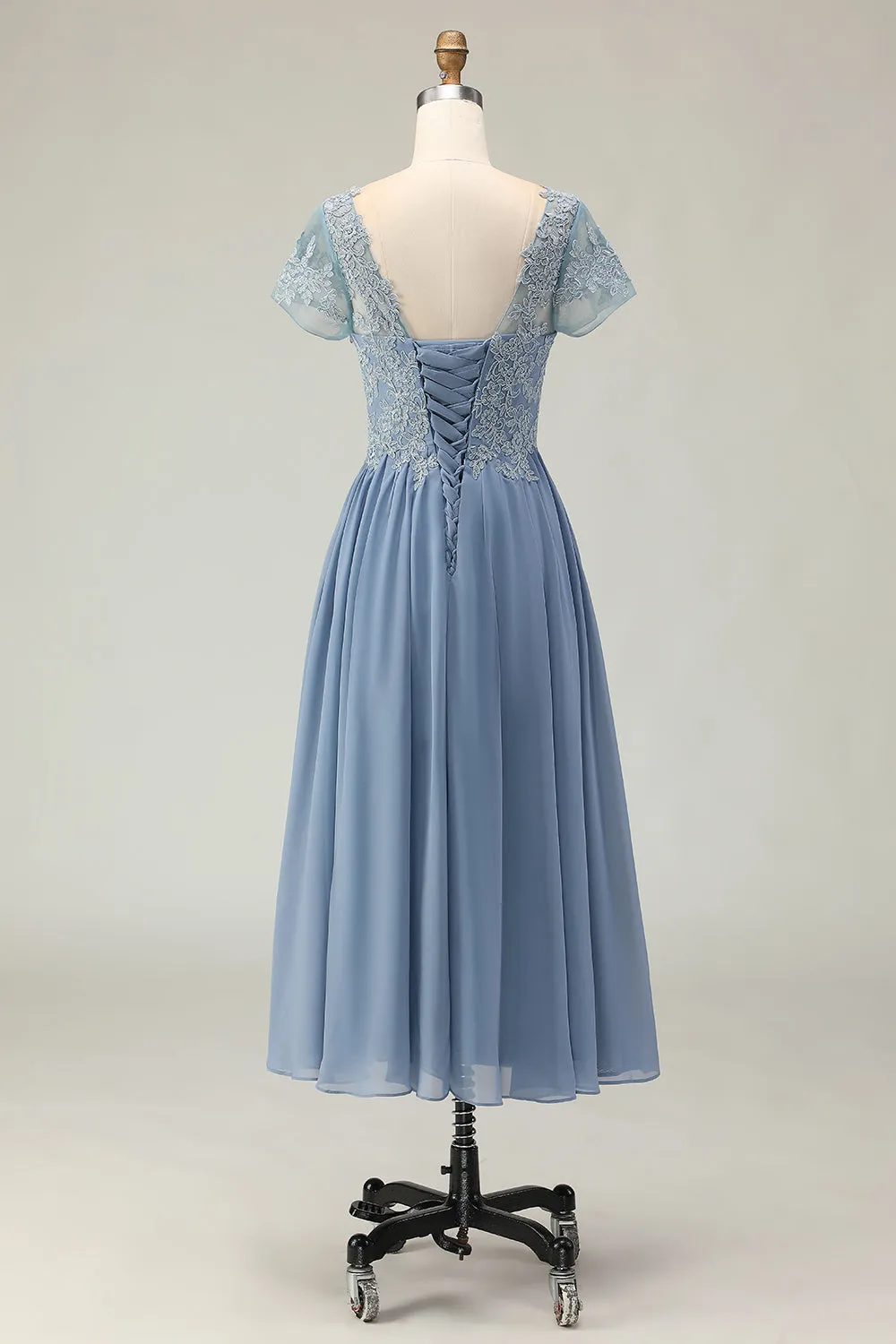 Dusty Blue A Line Appliqued V Neck Midi Mother of the Bride Dress with Capelet sold by Wedtrend product image thumbnail 4