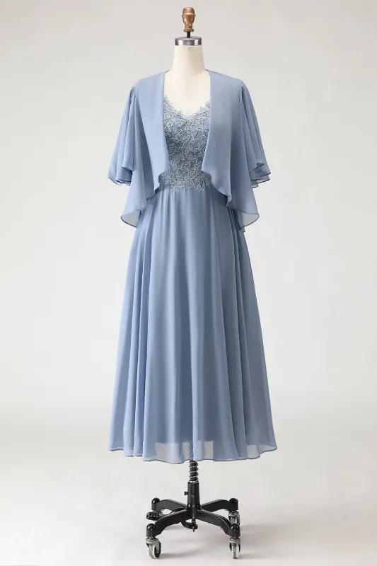 Dusty Blue A Line Appliqued V Neck Midi Mother of the Bride Dress with Capelet made by Wedtrend