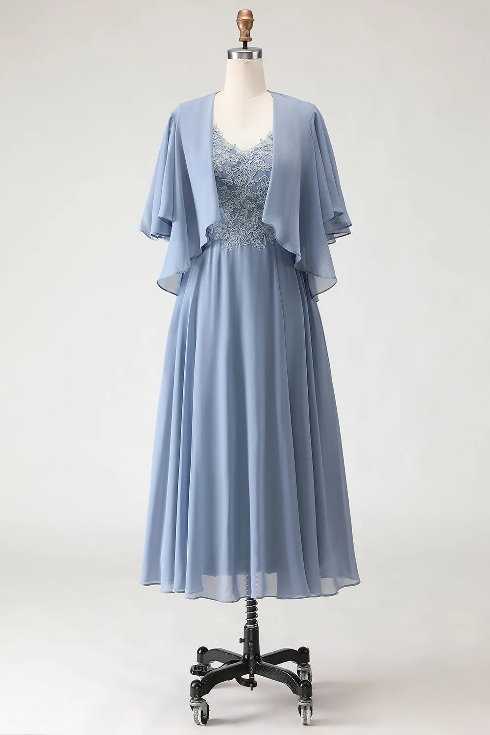 Dusty Blue A Line Appliqued V Neck Midi Mother of the Bride Dress with Capelet sold by Wedtrend