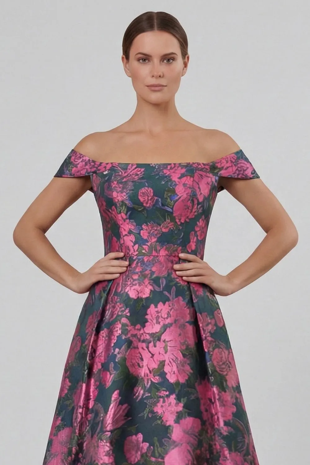 Fuchsia Flower Printed Off the Shoulder A Line Long Evening Dress sold by Wedtrend product image thumbnail 4