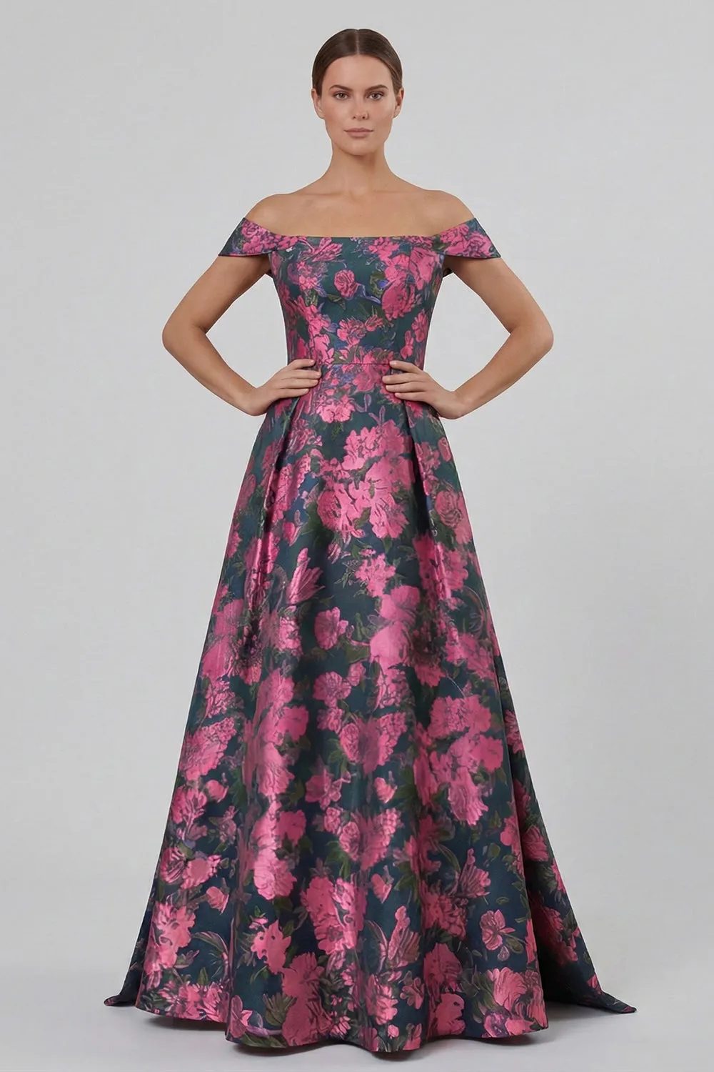 Fuchsia Flower Printed Off the Shoulder A Line Long Evening Dress sold by Wedtrend