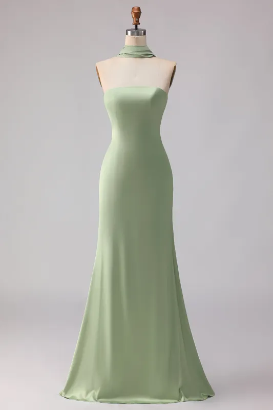 Dusty Sage Mermaid Strapless Satin Long Bridesmaid Dress with Streamer sold by Wedtrend