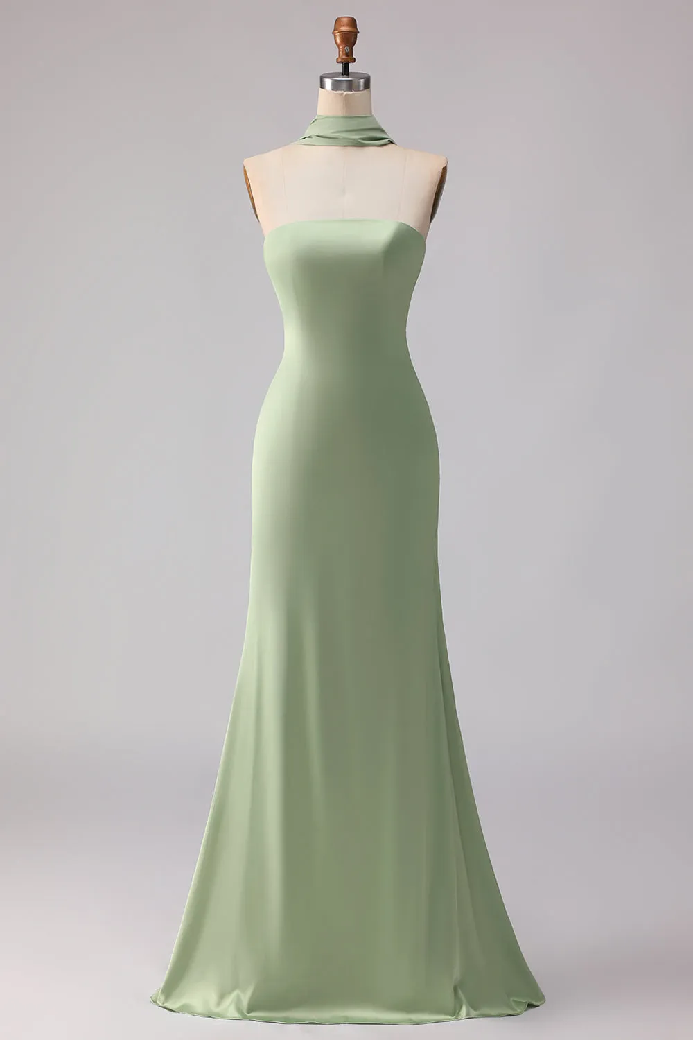 Dusty Sage Mermaid Strapless Satin Long Bridesmaid Dress with Streamer sold by Wedtrend