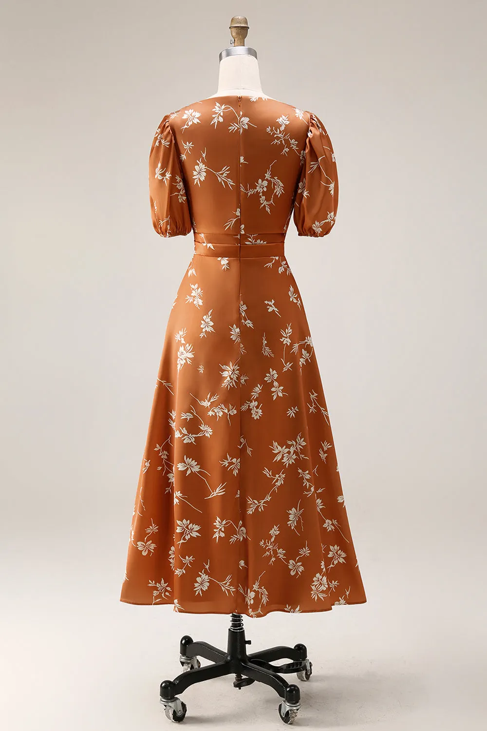 Orange Floral Printed A Line Midi Wedding Guest Dress with Short Sleeves sold by Wedtrend product image thumbnail 2