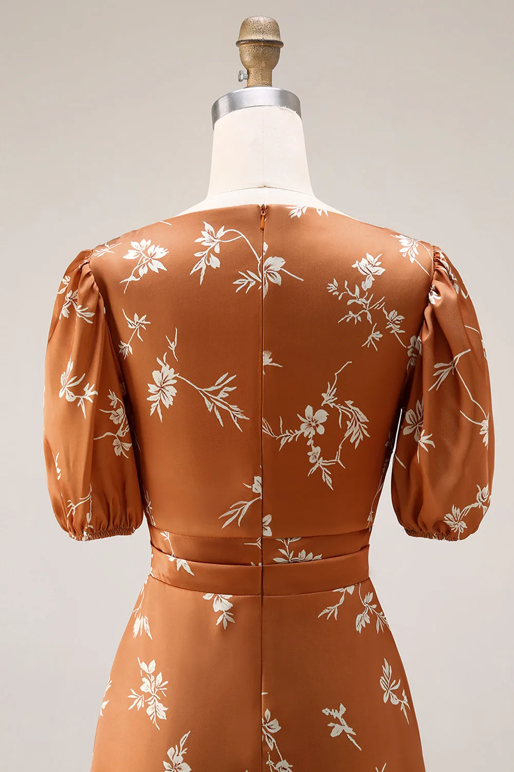 Orange Floral Printed A Line Midi Wedding Guest Dress with Short Sleeves sold by Wedtrend product image thumbnail 5