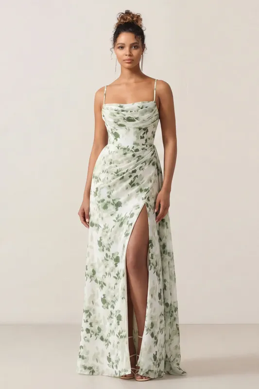 Floral Green Sheath Printed Ruched Long Bridesmaid Dress with Slit made by Wedtrend