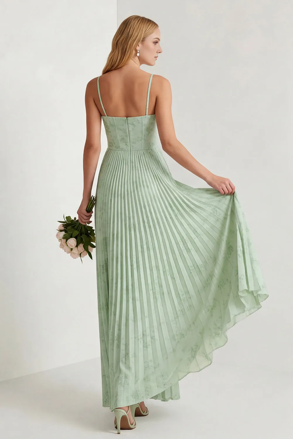 Sage Green Floral A Line Corset Pleated Long Bridesmaid Dress sold by Wedtrend product image thumbnail 2