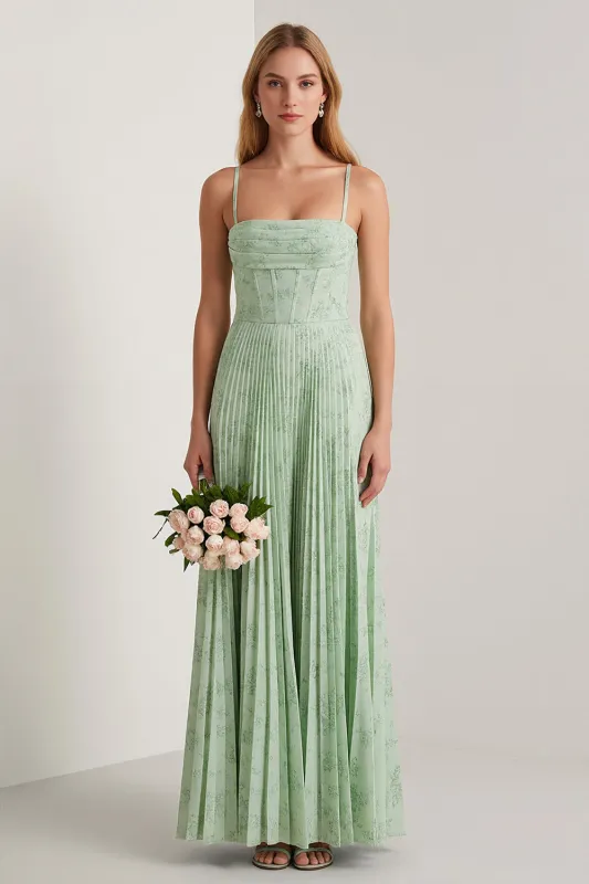 Sage Green Floral A Line Corset Pleated Long Bridesmaid Dress made by Wedtrend