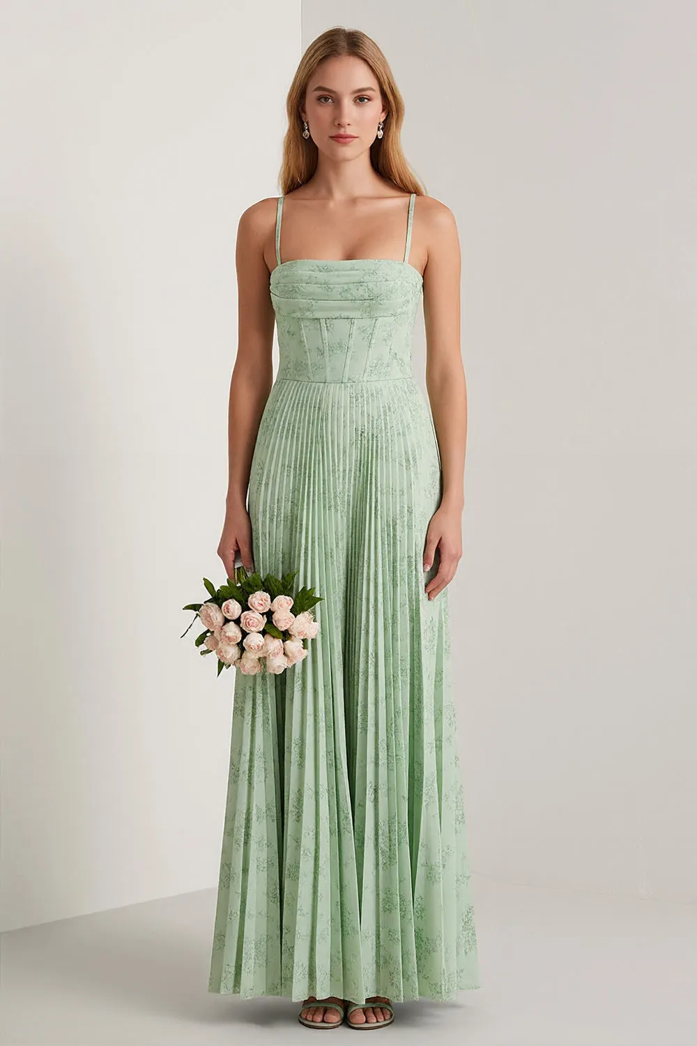 Sage Green Floral A Line Corset Pleated Long Bridesmaid Dress sold by Wedtrend